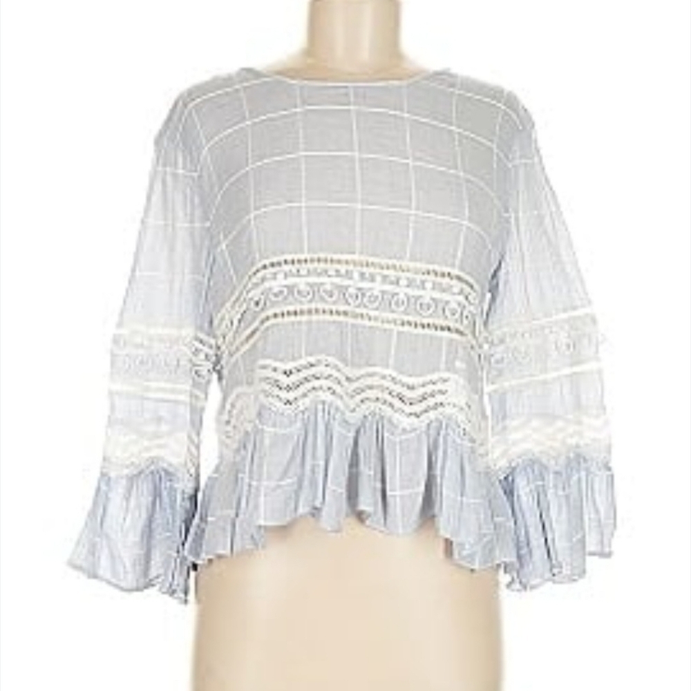 Jonathan Simkhai Blue Plaid Print Bateau Ladder Lace Tiered Blouse